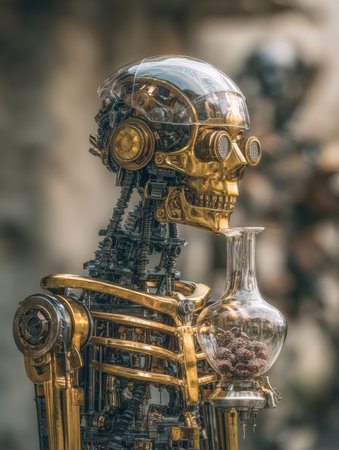 A golden robot skeleton stands in a detailed environment, holding a glass container filled with objects, showing advanced technology and design.の素材