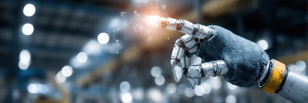 A robotic hand extends forward, emitting a soft glow, amidst a modern factory's blurred machinery, showcasing technology and innovation.の素材