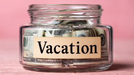 A glass jar labeled vacation is filled with rolled dollar bills, representing savings for an upcoming travel adventure.の素材