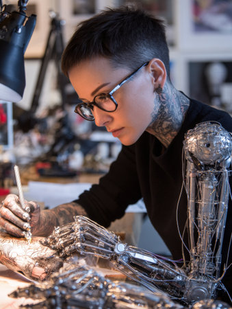 Focused artist crafts a detailed robot model in a workshop, showcasing skill and concentration in robotics design.の素材