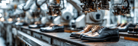 Robots expertly assemble elegant black leather shoes in a high-tech production line, showcasing advanced craftsmanship.の素材
