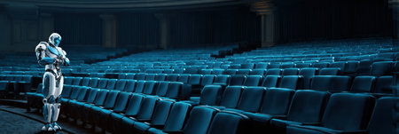 A robotic figure stands in a deserted theater filled with blue seats as evening light casts a calm atmosphere.の素材