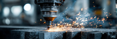 A laser cutting machine operates on metal, creating bright sparks and showing intricate details of industrial work in a busy workshop.の素材