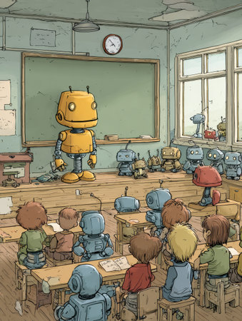 A classroom filled with robot students attentively listening to a yellow robot teacher giving a lesson on learning and technology.の素材
