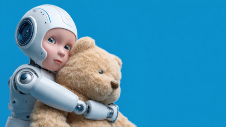 A robot child embraces a teddy bear against a vibrant blue background, illustrating a blend of technology and innocence in a heartfelt moment.の素材