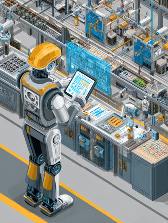 A robot stands in a modern factory, analyzing data on a tablet while overseeing a bustling production line filled with advanced machinery.の素材