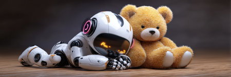 A futuristic robot and a soft teddy bear rest closely together in a warm and inviting space, creating a unique contrast of technology and comfort.の素材