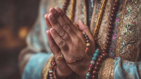 Hands are clasped together in prayer, adorned with colorful beads, set against a calming background, conveying peace and spiritual intent.の素材