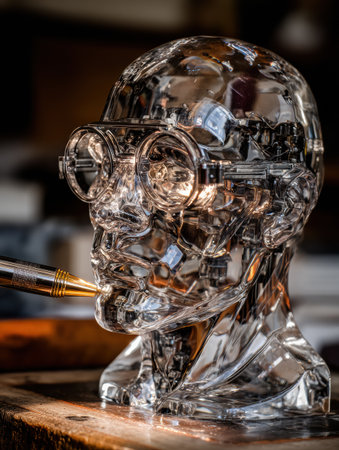 A transparent sculpture of a human head with glasses, holding a pen, displayed in an artistic setting during daylight.の素材