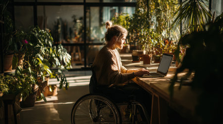 Bright light fills a workspace where a woman in a wheelchair types on a laptop, surrounded by lush green plants and natural decor.の素材