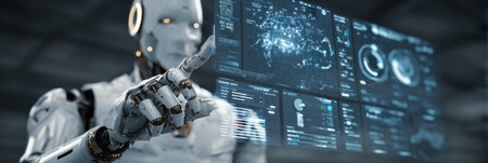 A humanoid robot engages with a digital interface, showing advanced technology and data analysis in a modern setting.の素材