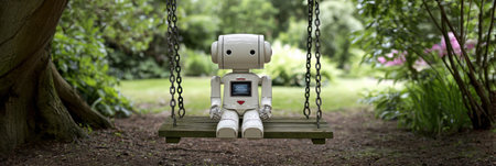 A small robot with a screen sits quietly on a wooden swing in a serene garden filled with trees and colorful plants.の素材