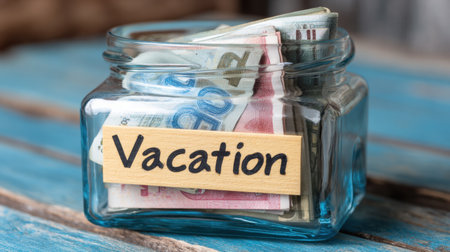 A clear jar labeled Vacation holds colorful currency notes resting on a rustic blue wooden surface, symbolizing travel dreams.の素材