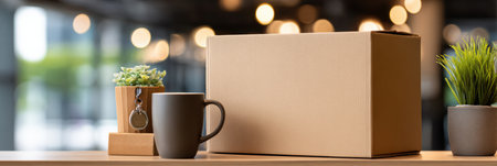 A brown box sits next to a coffee mug and small plants on a table in a contemporary cafe, creating a warm atmosphere.の素材