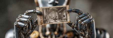 A robot presents an aged artwork depicting a grand interior, blending old and new in a striking contrast of time and technology.の素材