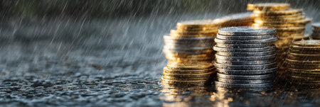 Coins are stacked on a wet surface with raindrops falling around them, reflecting both uncertainty and the promise of value.の素材