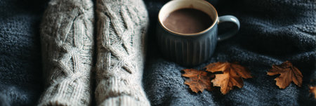 Soft knitted socks rest alongside a steaming cup of hot chocolate and scattered autumn leaves, evoking a warm, relaxing indoor vibe.の素材