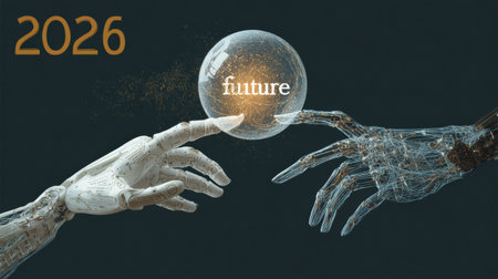 Digital hands reach toward each other, representing the blend of technology and humanity in a futuristic setting set in 2026.の素材