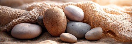 A collection of smooth pebbles sits on fine sand, partially covered by textured netting, illuminated by gentle sunlight during the evening.の素材