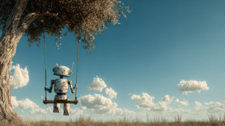 A robotic figure sits on a swing hanging from a tree, enjoying a serene moment in a sunny field with a clear blue sky and soft clouds.の素材