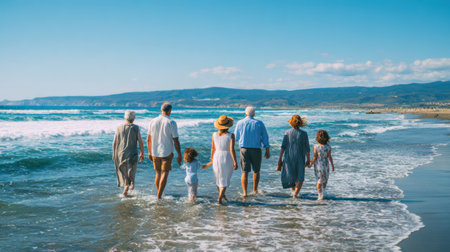 Group of family members walks hand in hand on the shore, enjoying the warm sun and refreshing ocean breeze while creating memories.の素材