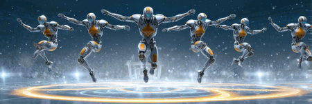 Humanoid robots leap in unison on a high-tech stage, showcasing advanced technology and synchronized movements in a visually engaging environment.の素材