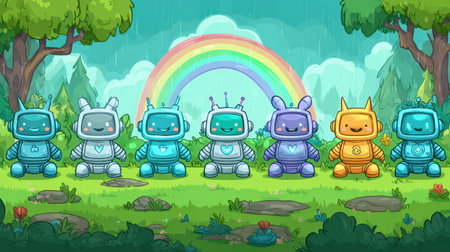 A cheerful group of robots poses outdoors under a bright rainbow, radiating happiness and joy!の素材