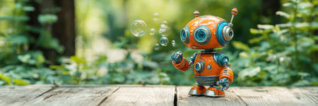 A vibrant robot with orange and blue details creates bubbles in a wooded area filled with greenery and sunlight.の素材
