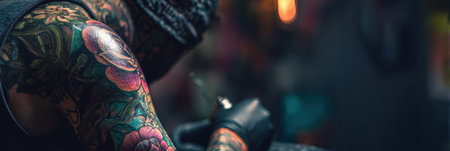 An experienced tattoo artist is focused on inking a floral design on a clients arm inside a bustling tattoo studio during evening time.の素材