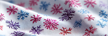 Delicate snowflake designs in vibrant colors on a soft fabric showcase a playful winter theme ideal for seasonal decorations.の素材