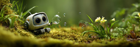 A small robot plays with bubbles in a vibrant forest, surrounded by greenery and colorful flowers, creating a joyful scene.の素材