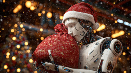 A robot dressed in a Santa hat gently embraces a bag of gifts, surrounded by vibrant holiday decorations and lights in a festive atmosphere.の素材