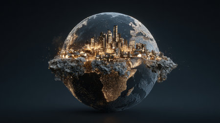 A vibrant city skyline shines brightly atop a floating globe, surrounded by darkness, showing urban life and dramatic contrast.の素材