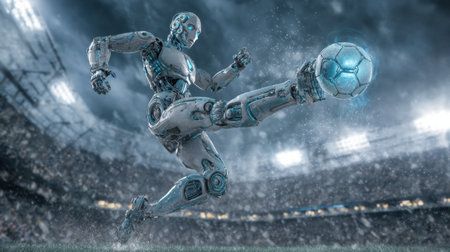 A robotic player strikes a glowing blue soccer ball in a rain-drenched stadium filled with dynamic energy and excitement.の素材