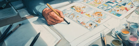 An artist is focused on drawing comic panels at a busy workspace filled with tools, papers, and colorful paints during the day.の素材