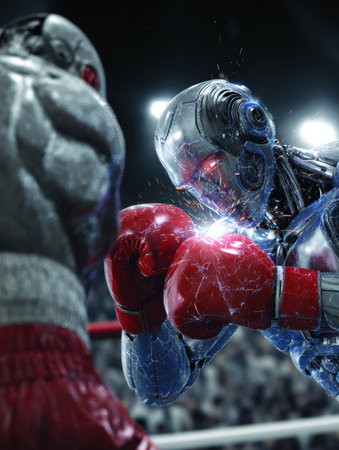 Two robotic fighters engage in a fierce boxing match, creating sparks as their gloves collide in a dramatic scene filled with energy.の素材