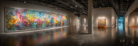 Visitors explore a modern art exhibit featuring large, colorful graffiti murals on the walls of a spacious gallery.の素材