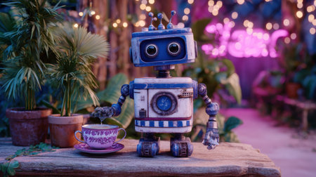 A small robot sits on a wooden table holding a decorative tea cup, surrounded by lush plants and twinkling lights in the evening.の素材