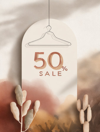 A stylish sale sign shows a 50 percent discount with a hanger graphic, surrounded by soft, earthy tones and simple plant decorations.の素材