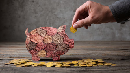 A hand places a coin into a unique piggy bank while gold coins are scattered around on a weathered wooden table.の素材