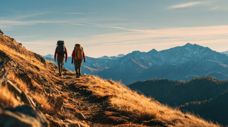 Two hikers navigate a winding trail amidst striking mountain scenery during golden hour, surrounded by vibrant natural beauty.の素材