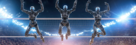 Three advanced robots jump in excitement, celebrating a win during an electrifying sports event in a modern arena illuminated by bright lights.の素材