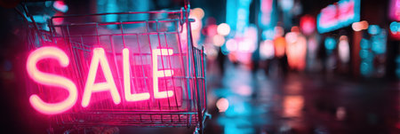 Bright pink sale sign illuminates shopping cart on lively city street at night, showcasing a bustling atmosphere with colorful lights.の素材