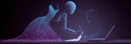 A robotic figure sketches clothing designs while interacting with a laptop, blending art and technology in fashion innovation.の素材