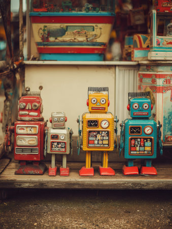 A row of four cheerful vintage toy robots stands proudly at a lively market. Each robot is unique in color and design, showing classic styling.の素材