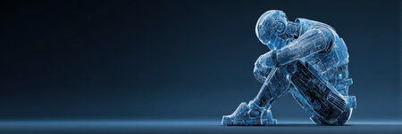 A humanoid cyborg sits in a thoughtful position, illuminated by a blue neon light, creating a futuristic atmosphere.の素材