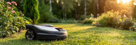 A robotic lawn mower is trimming grass in a beautiful garden at sunset, surrounded by colorful flowers and trees.の素材