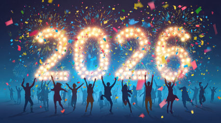 People celebrate New Year 2026 with fireworks and colorful confetti in a lively evening atmosphere filled with excitement.の素材