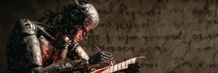 A metallic robot sits in a dimly lit space, carefully writing on aged paper surrounded by mysterious scripts and notes.の素材