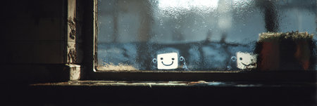 Two smiling characters are seen through a foggy window in an abandoned building, creating an intriguing and whimsical scene.の素材